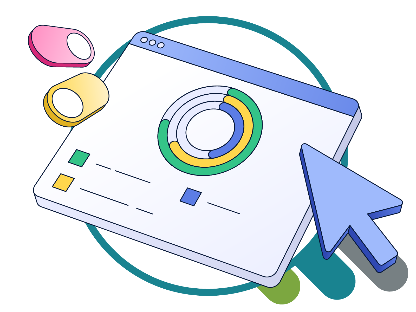 Illustration of an analytics dashboard on a monitor connected to multiple systems, with bar and pie charts representing unified reporting across enterprise data sources.